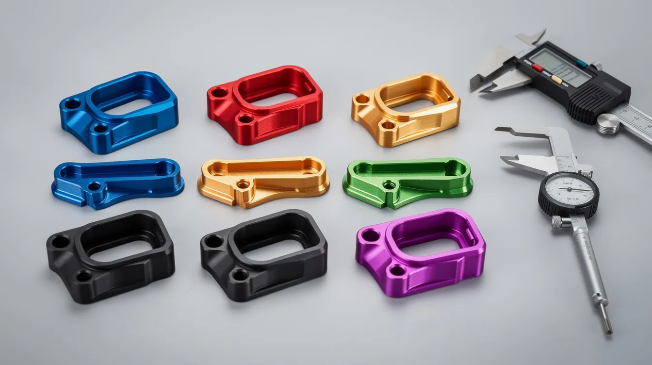 The image features a collection of anodized aluminum CNC prototype parts in various colors, meticulously arranged for quality inspection. These high-quality machined parts showcase the precision and attention to detail typical of the CNC machining process, highlighting their potential use in diverse industries.