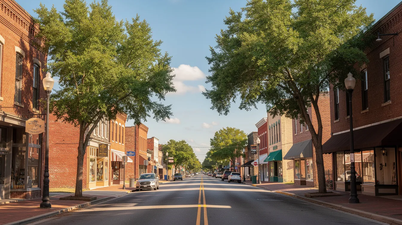 The image depicts a serene downtown street in Monroe, Louisiana, lined with charming brick buildings and lush green trees, creating a peaceful atmosphere. This area may be relevant for individuals seeking information about social security disability claims and benefits, as it is near local resources for financial assistance and support.
