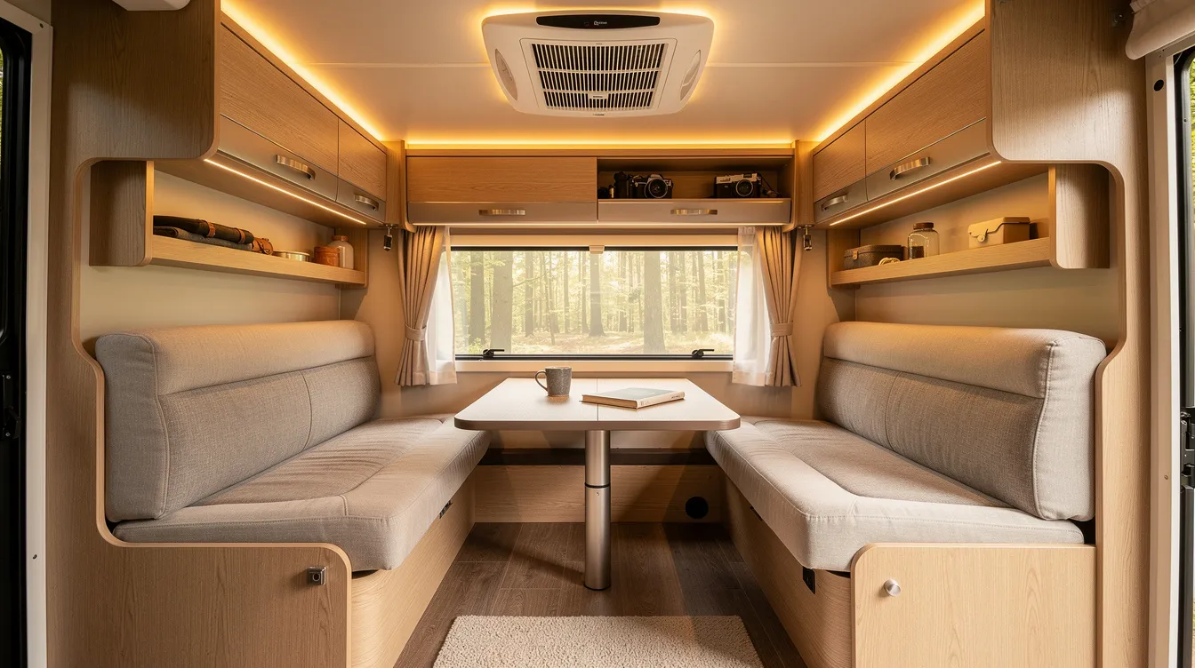 The image depicts the interior of a cozy motorhome living area, featuring comfortable seating and warm lighting, with a ceiling-mounted climate control vent that ensures a pleasant atmosphere for family adventures. This inviting space is ideal for relaxation on the road, showcasing the charm of a well-designed RV.