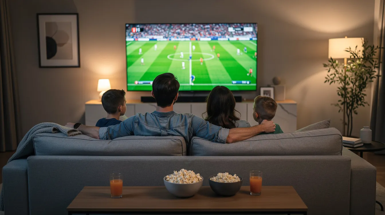A family is comfortably seated on a couch in a modern living room, watching a large TV screen that displays a live sports match, showcasing the excitement of sports fans enjoying premium sports channels through IPTV services. The room is well-decorated, emphasizing a cozy atmosphere for streaming live TV and spending quality time together.