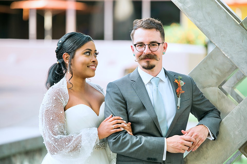 A bride and groom posing for their wedding photography at Civic Center, Arizona