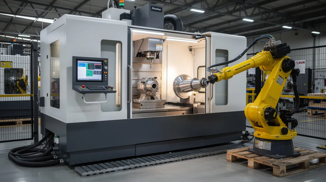 The image depicts a modern 5-axis CNC machining center equipped with a robotic arm, efficiently loading a metal workpiece within an automated manufacturing cell. This setup exemplifies advanced technology in the manufacturing industry, showcasing the integration of CNC machines and automation for high precision in the machining process.