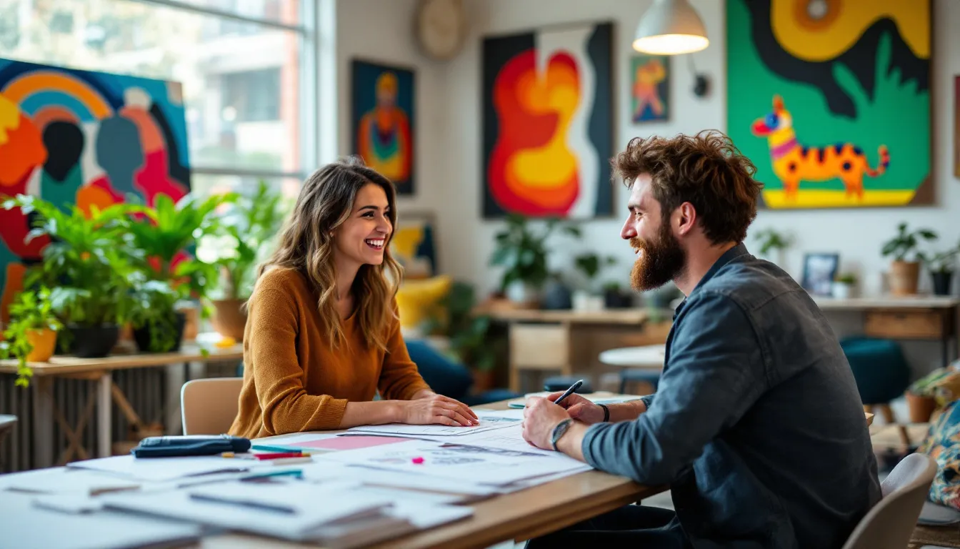 A small business owner discussing graphic design services with a designer.