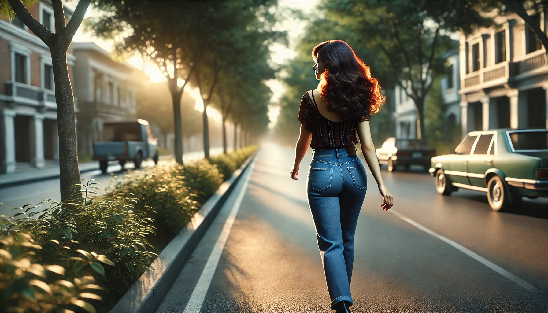 A image of a woman walking on a quiet street