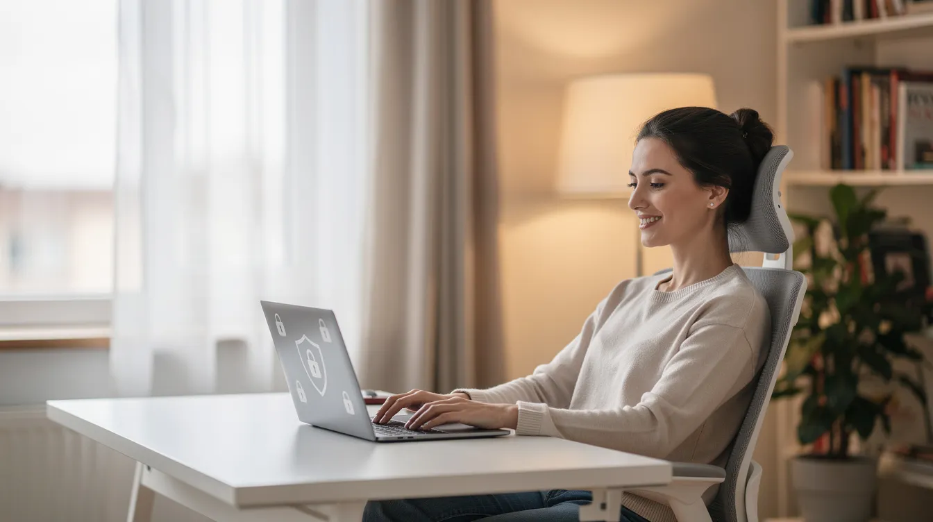 A woman sits comfortably in a well-lit room, using her laptop to symbolize digital safety and online empowerment, reflecting the importance of achieving gender equality and promoting women's rights in today's society. This image highlights the significance of safe spaces for women and girls in the digital world, addressing important issues affecting their lives.