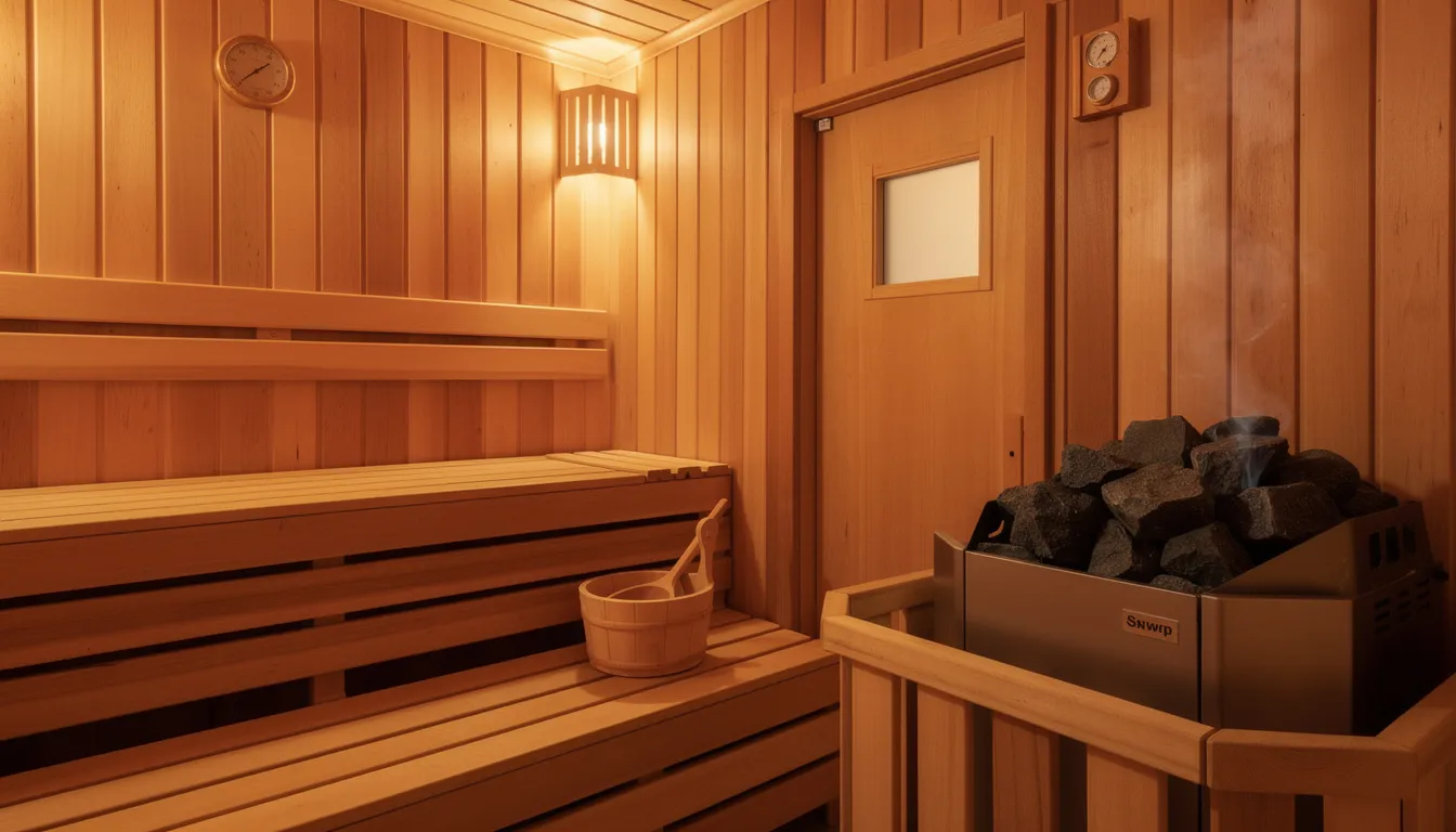 The image depicts a traditional wooden sauna interior featuring tiered benches crafted from quality wood, with a prominent electric heater surrounded by hot rocks. This serene space highlights the natural elements of a regular sauna, offering a warm and inviting environment for relaxation and wellness routines.