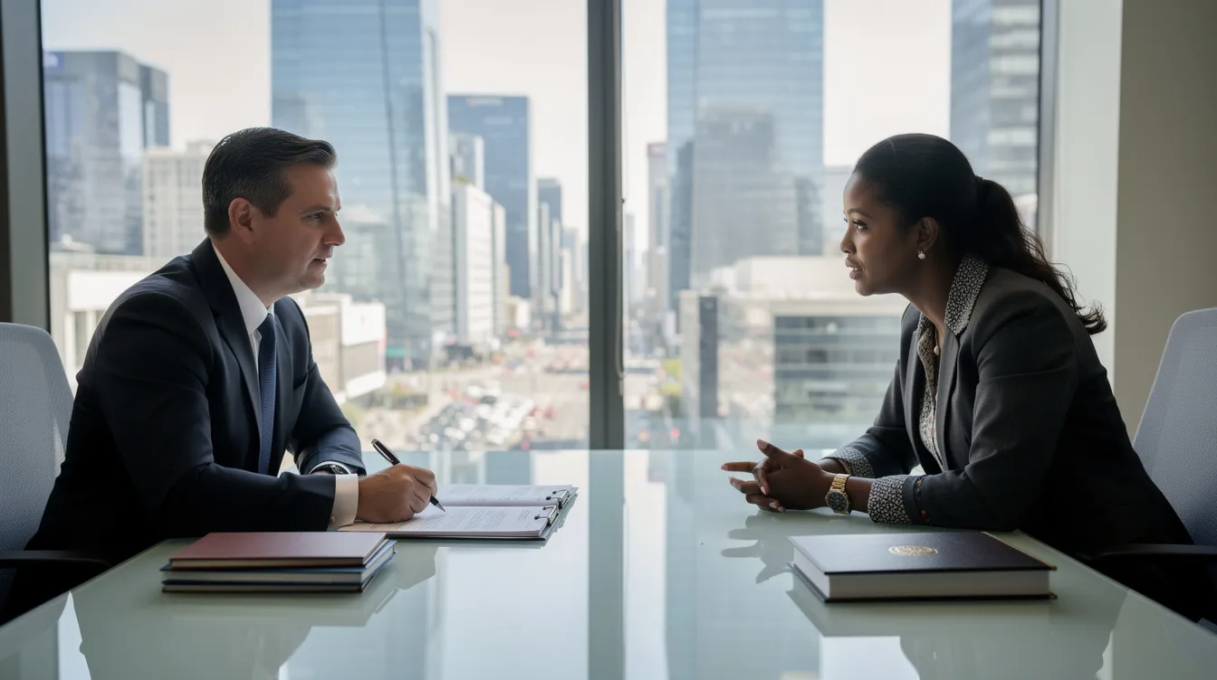 The image depicts a professional meeting between an experienced immigration attorney and a foreign entrepreneur at a modern office desk, with a city skyline visible through large windows. They are discussing the requirements for obtaining an E-2 visa, including substantial investment and a comprehensive business plan for a bona fide enterprise.