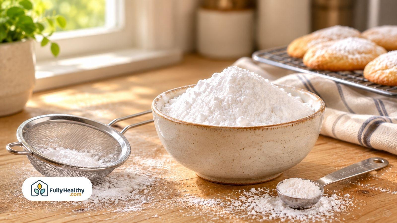 Bowl of powdered sugar with sieve and measuring spoon nearby