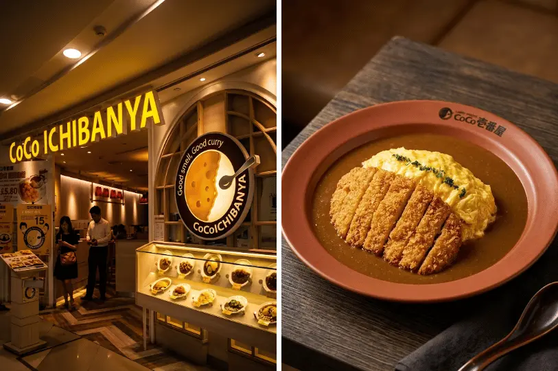A split photo featuring the warmly lit CoCo ICHIBANYA restaurant exterior and glass food display on the left, paired with a close-up of their signature plate of tonkatsu omurice resting in smooth Japanese curry on the right.