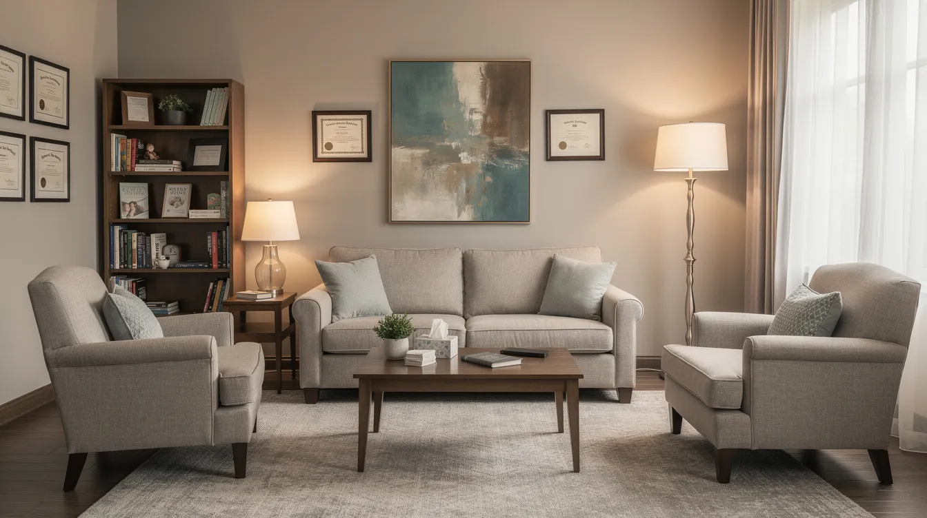 The image depicts a professional family counseling office, featuring comfortable seating and warm lighting that fosters a supportive environment for addressing issues like parental alienation. This inviting space is designed to help families navigate complex dynamics, such as the parent-child relationship and emotional distress during custody disputes.