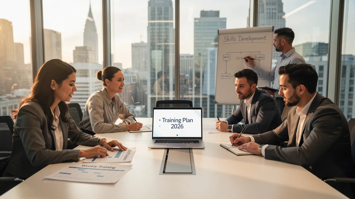 A diverse team is engaged in a discussion about training plans, focusing on apprenticeship management and program development. They are collaborating to ensure effective tracking of apprentices' progress and compliance with registered apprenticeship programs using management software.