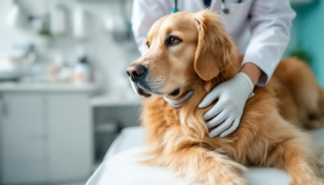 A golden retriever is being examined by a veterinarian, who is closely assessing the dog's skin for signs of dryness and potential skin conditions. The focus is on the dog's dry skin, which may indicate issues such as flaky skin or bacterial and fungal infections.