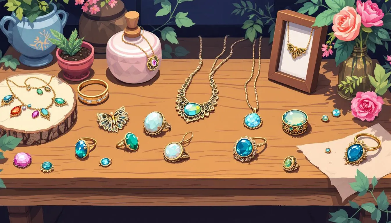 A collection of handcrafted jewelry pieces, showcasing unique designs and materials, perfect for DIY gifts.