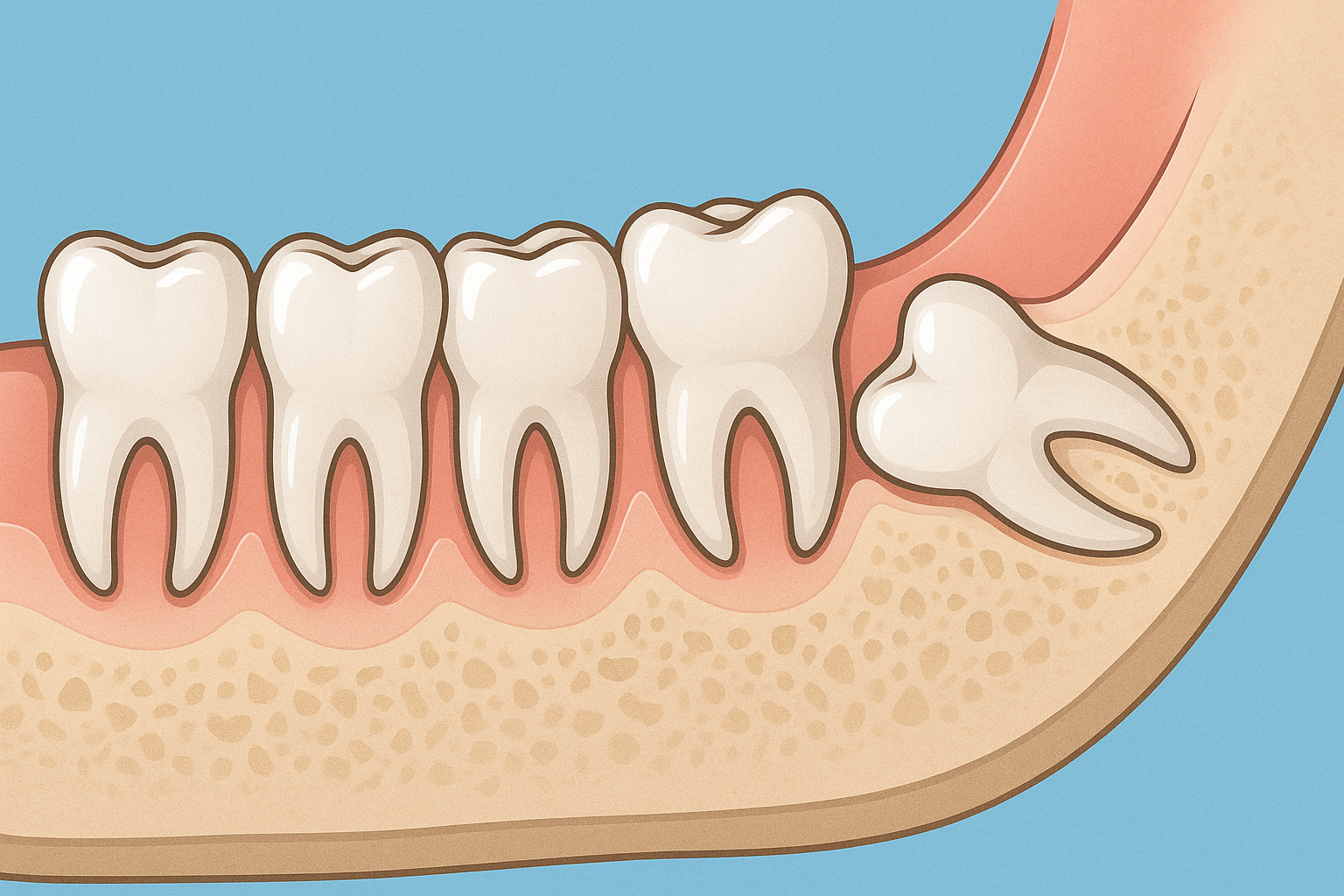 Visdomstenner: Når De Kommer, Hvorfor De Går 16 Viser visdomstann som vokser skjevt inn mot andre tenner i underkjeven, omgitt av rosa tannkjøtt og beinstruktur.