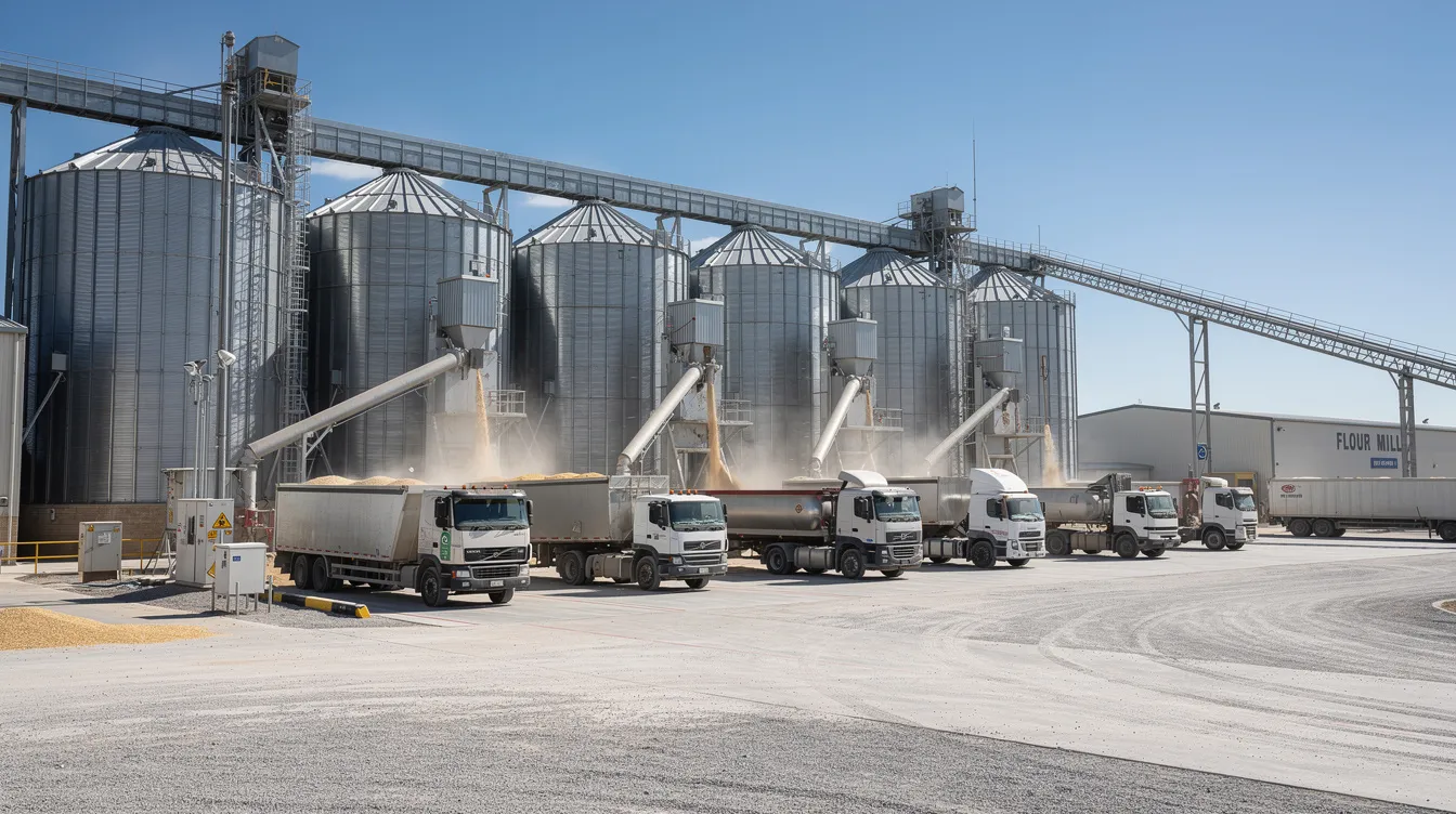 6cf97c50 0dd9 4f4b b999 ba79ed1f7af5 The image depicts large industrial wheat storage silos at a flour mill facility, surrounded by trucks ready for grain loading, emphasizing the scale of the wheat processing industry. This setup showcases the advanced technology and machinery required for efficient production in a roller flour mill plant.