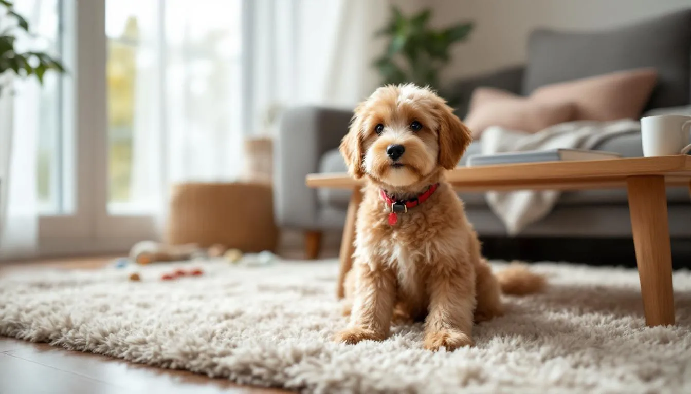 A teacup goldendoodle is sitting comfortably in a cozy home environment, surrounded by colorful toys and a soft bedding area. This adorable, full-grown dog exhibits a playful spirit and a friendly nature, making it a delightful companion for families and individuals alike.