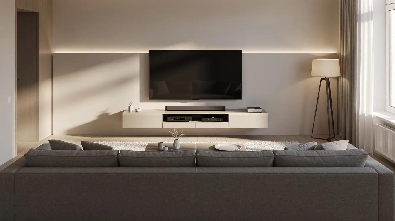 The image depicts a modern living room featuring a wall-mounted television with a tidy cable installation, showcasing a professional DSTV setup. This arrangement highlights the importance of skilled DSTV technicians in providing efficient and aesthetically pleasing installation services.