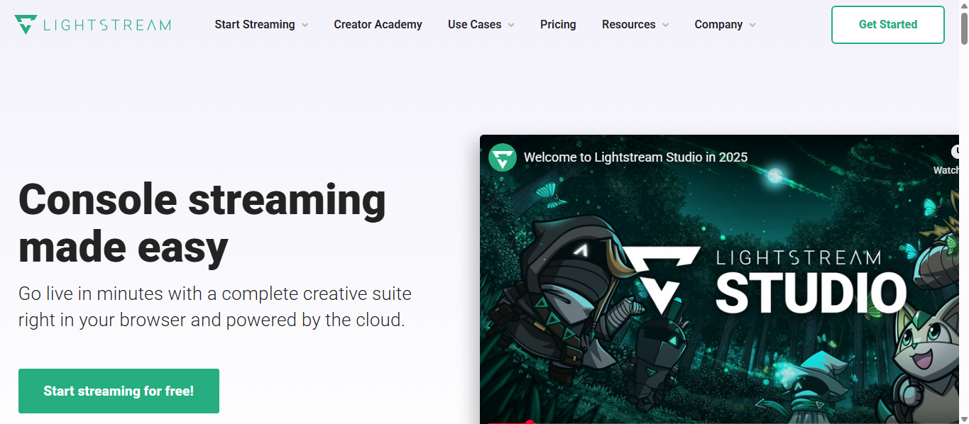 Lightstream Studio page stating “Console streaming made easy” with Lightstream Studio video/graphic on the right.
