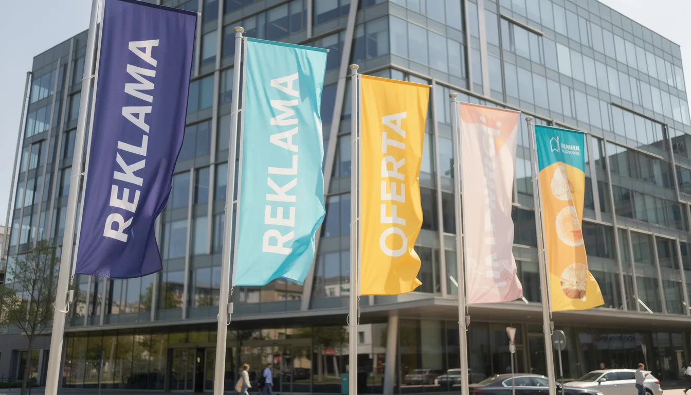 Na zdjęciu widać flagi reklamowe w ruchu na wietrze, umieszczone
przed nowoczesnym budynkiem biurowym. Flagi te, wykonane z wysokiej jakości materiałów, skutecznie przyciągają uwagę klientów i prezentują przekaz reklamowy, idealnie dostosowany do indywidualnych
potrzeb wydarzeń plenerowych oraz imprez sportowych.