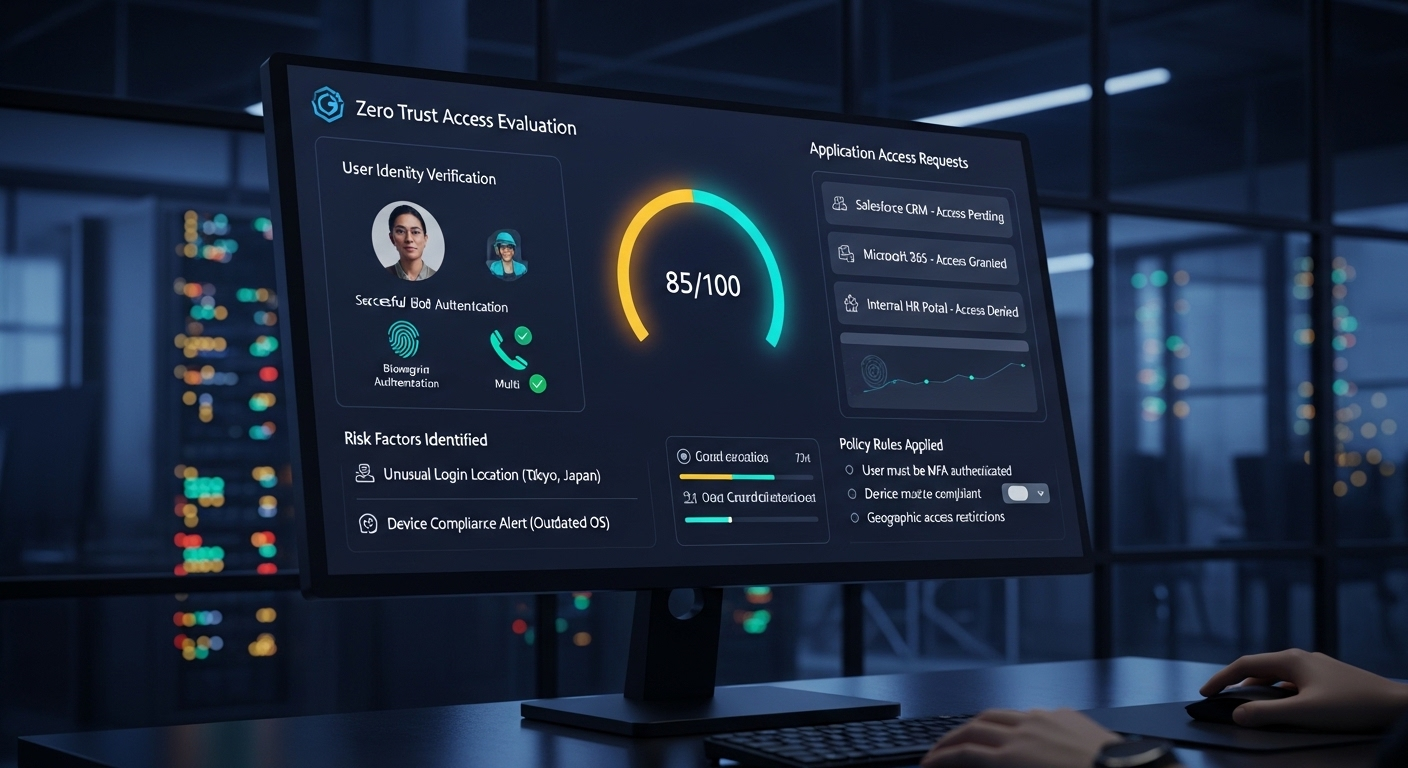 Cybersecurity dashboard evaluating user risk score before granting application-level access in a zero trust environment.