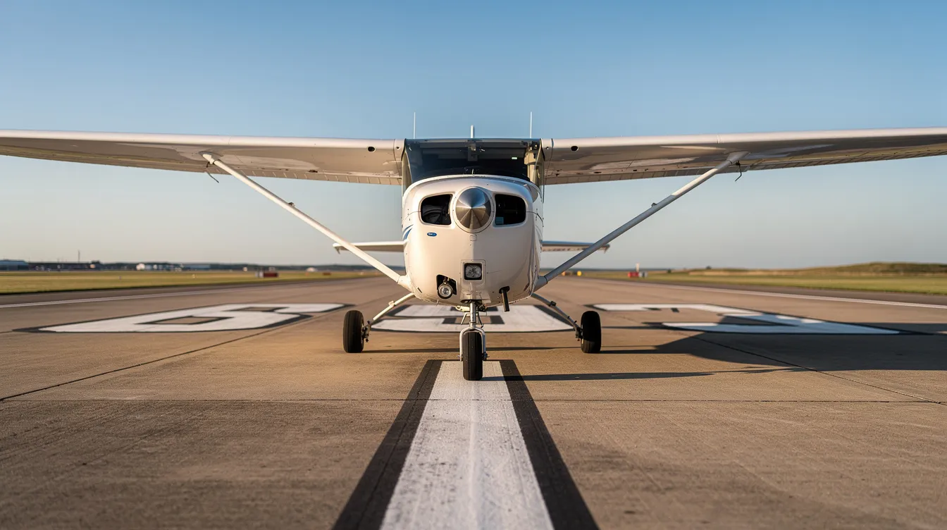 A small training airplane is lined up on a runway under a clear blue sky, with distinct runway markings visible. This scene represents the aviation standards necessary for fulfilling airman certification standards for private pilots.