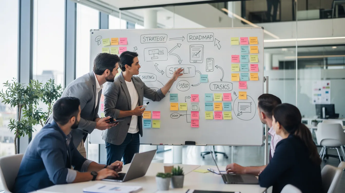 A diverse team of professionals is collaborating around a whiteboard filled with diagrams and sticky notes, actively discussing business model innovations and strategies in a modern office setting. The atmosphere is dynamic, emphasizing teamwork and strategic planning to develop effective business plans.