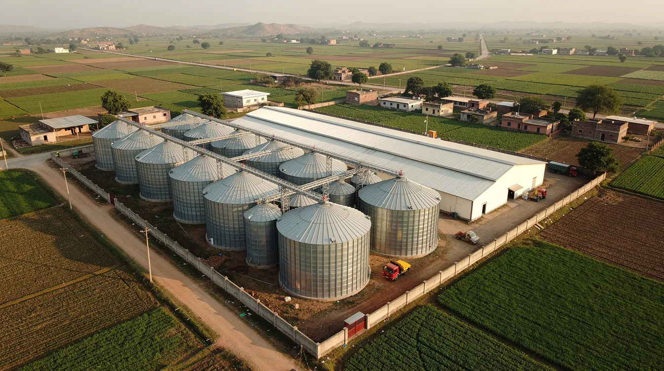 6d019759 c580 43a7 ab79 1300401b599b An aerial view showcases modern steel grain storage silos next to a large agricultural warehouse in a rural Indian landscape, highlighting efficient grain storage facilities designed to enhance food security and reduce post-harvest losses for local farmers. The image illustrates the integration of advanced technology and infrastructure aimed at improving storage capacity and product quality in the agricultural sector.