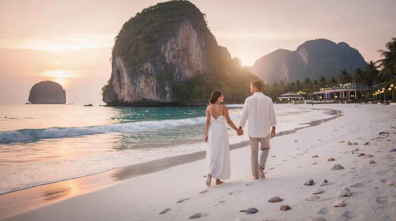Imagem de um casal em lua de mel em Phuket, Tailândia, desfrutando de uma praia paradisíaca com águas cristalinas e areia branca. Ao fundo, palmeiras e um céu azul claro complementam o cenário romântico, ideal para estadias inesquecíveis em destinos de turismo.