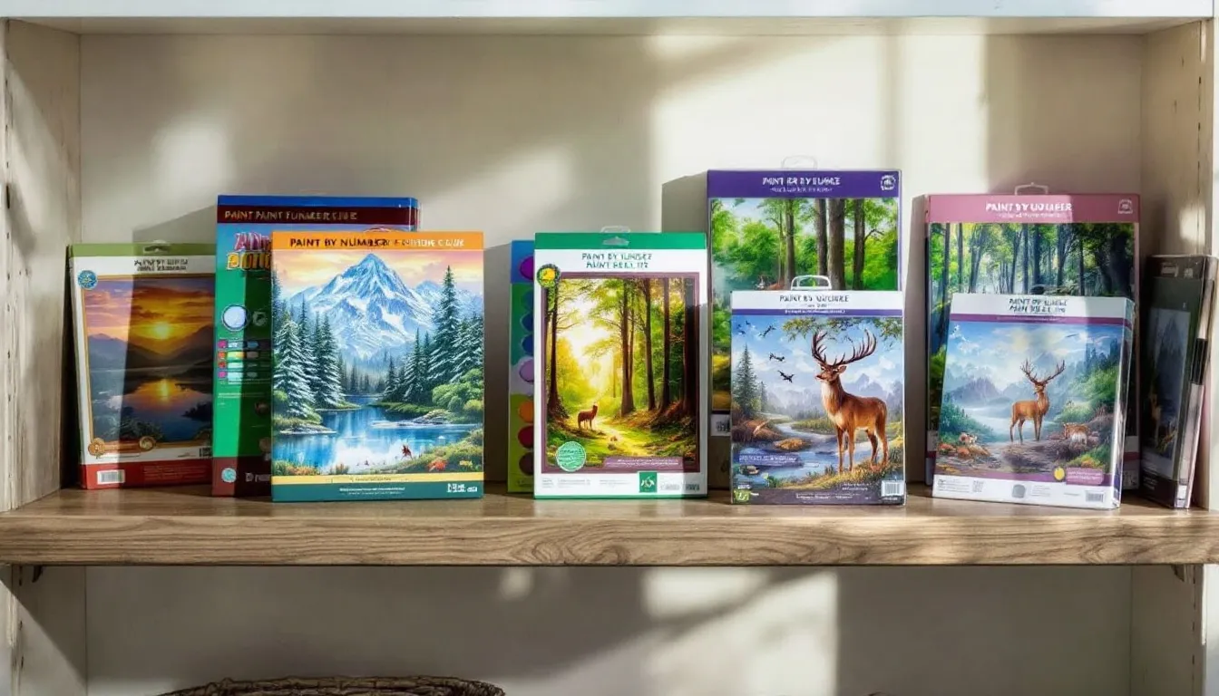 A vibrant collection of nature paint by number kits showcases various outdoor scenes, including majestic mountains, lush forests, and wildlife, inviting artists of all skill levels to explore the beauty of the natural world. Each kit provides detailed instructions and corresponding colors, making it a perfect way to create relaxing and vivid artwork.
