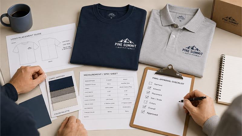 Final T-shirt and polo logo placement approval with garment samples, measurement specifications, fabric swatches, artwork, and production checklist