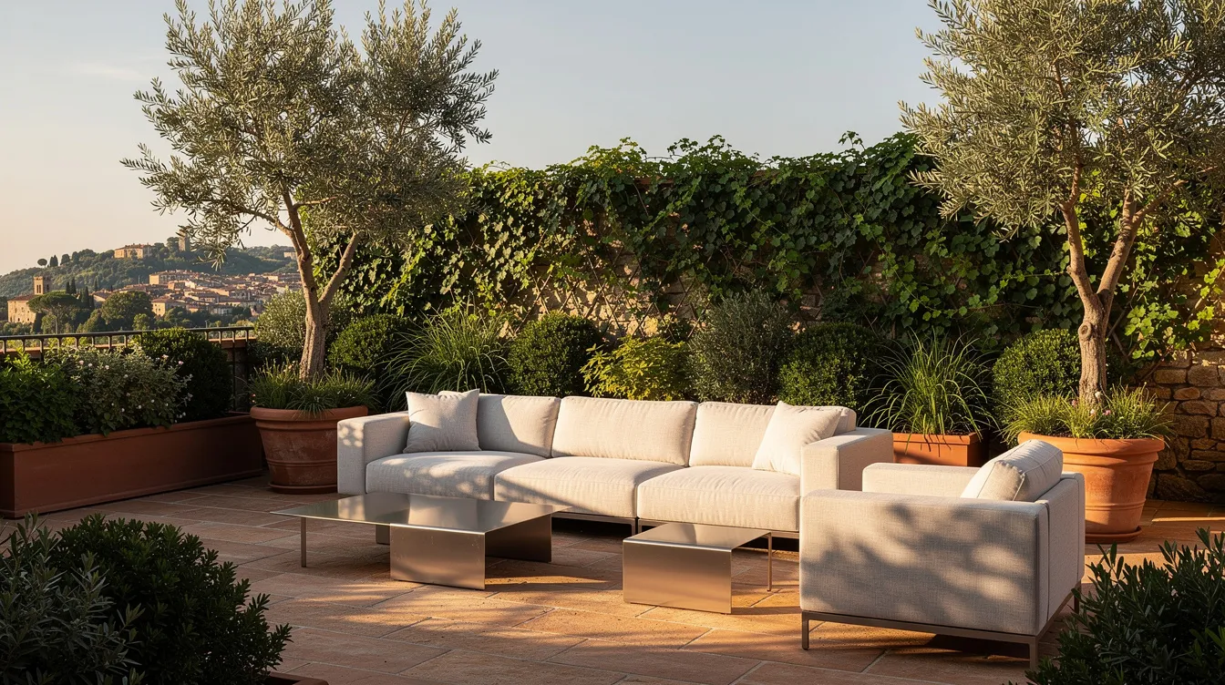En italiensk utomhusterrass med moderna loungemöbler i ljust tyg och ett stilrent metallbord, omgiven av frodiga gröna växter som skapar en inbjudande atmosfär. Terrassen är en perfekt plats för avkoppling och sociala stunder, med en design som utstrålar elegans och komfort.