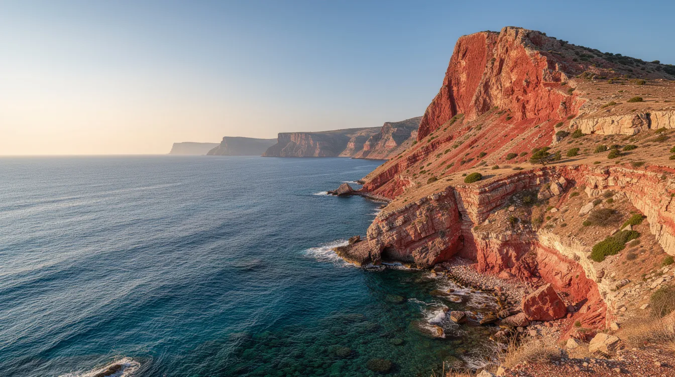 Die dramatische Mittelmeerküste zeigt tiefblaues Wasser, das sanft gegen einen roten Felsvorsprung plätschert, während helles Sonnenlicht die menschenleere Landschaft erleuchtet. Diese weite Perspektive erinnert an die filmischen Werke von Jean-Luc Godard, in denen oft die Schönheit der Natur und die Einsamkeit des Menschen thematisiert werden.