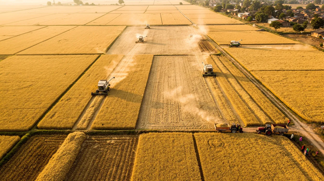 6d063907 469d 4e0f 9973 e7b6748961e6 An aerial photograph showcases vast wheat grain fields in India, where harvesting equipment is actively working during the wheat procurement season. The image captures the scale of agricultural operations essential for flour mill plants, highlighting the machinery and processes involved in grain processing.