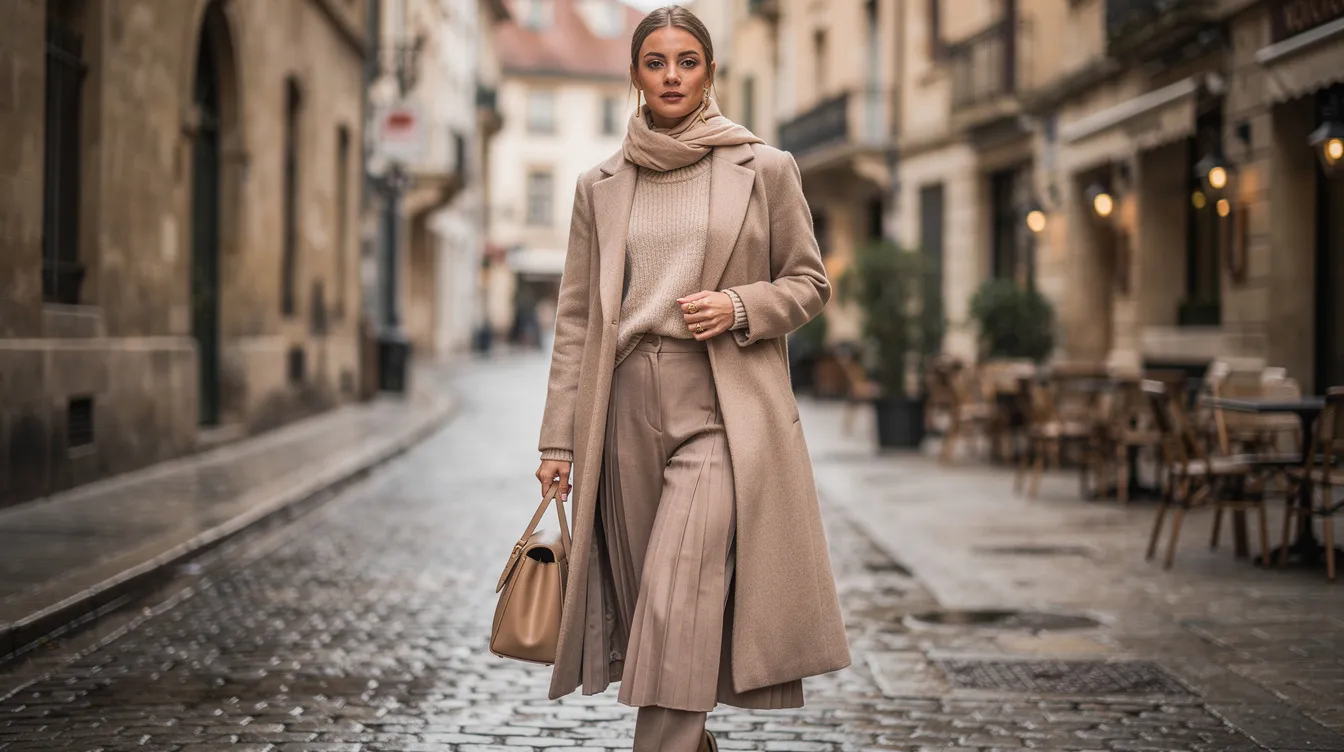 Een vrouw in een volledig beige outfit, bestaande uit verschillende lagen en texturen, wandelt elegant over de kasseien van een Europese stad. Haar ton sur ton look, met subtiele variaties in beige tinten, creëert een verfijnde en harmonieuze uitstraling in de moderne omgeving.