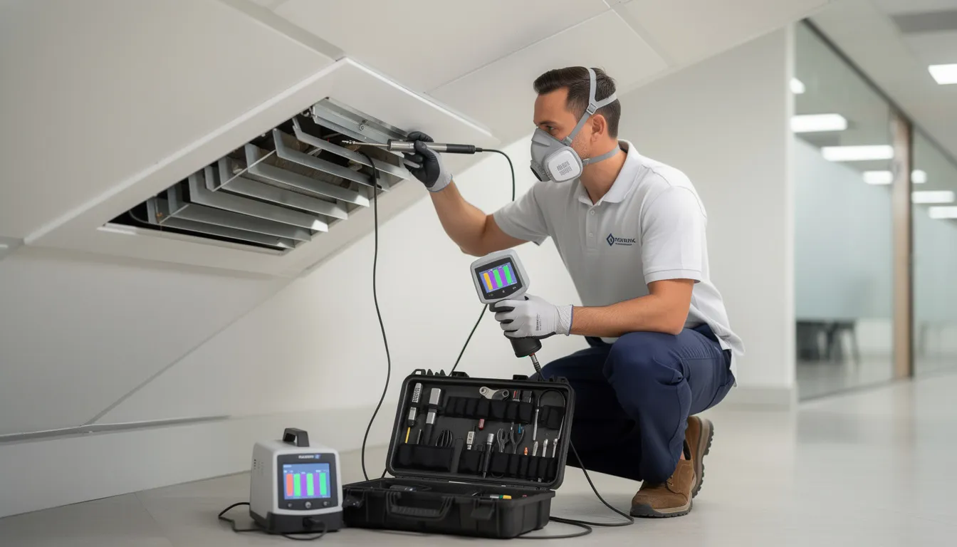 A professional indoor air quality inspector is examining an HVAC system vent using specialized testing equipment to assess for indoor pollutants and ensure improved indoor air quality. The detailed inspection aims to identify potential health risks, such as mold growth and volatile organic compounds, to provide effective solutions for a healthier indoor environment.