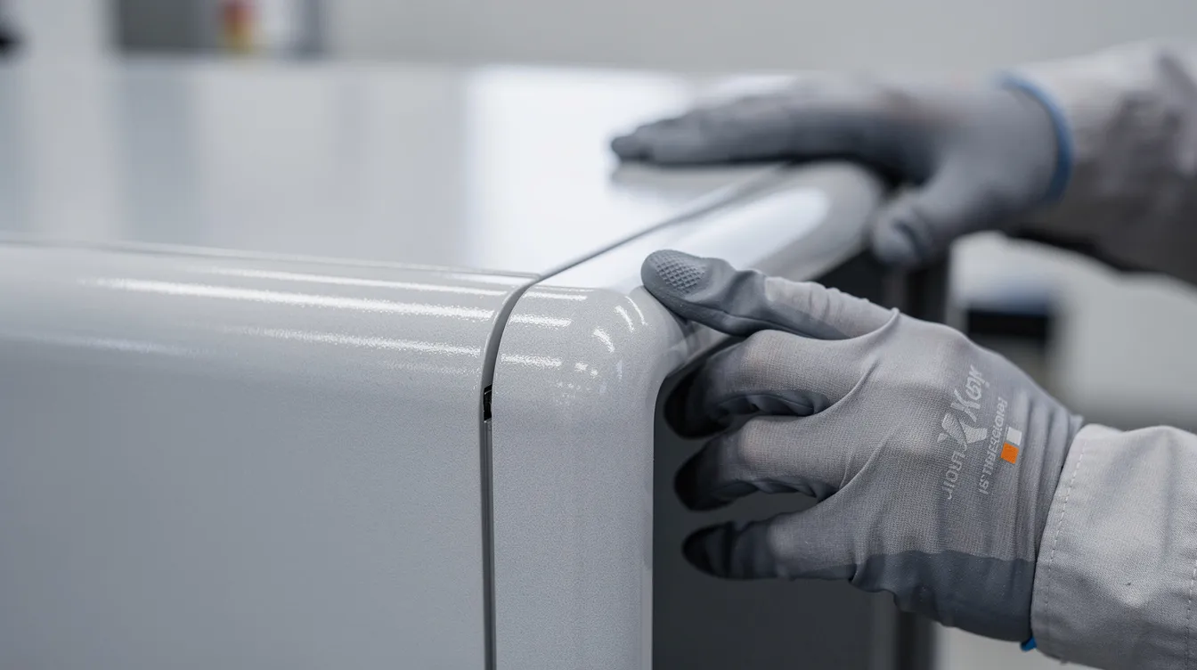 A technician is closely inspecting a painted aluminum enclosure panel featuring smooth radiused edges, showcasing the quality of the paint finish and the excellent corrosion resistance of the material. The image emphasizes the meticulous process involved in preparing and applying the top coat to the aluminum sheet.