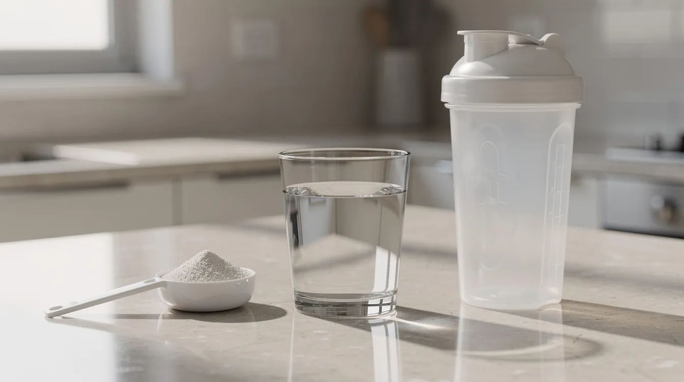 The image features a glass of water next to a supplement scoop and a shaker bottle on a kitchen counter, suggesting a setup for creatine supplementation aimed at enhancing muscle growth and recovery. This scene reflects the preparation for a workout routine, emphasizing the importance of hydration and proper dosing of creatine for building muscle mass.