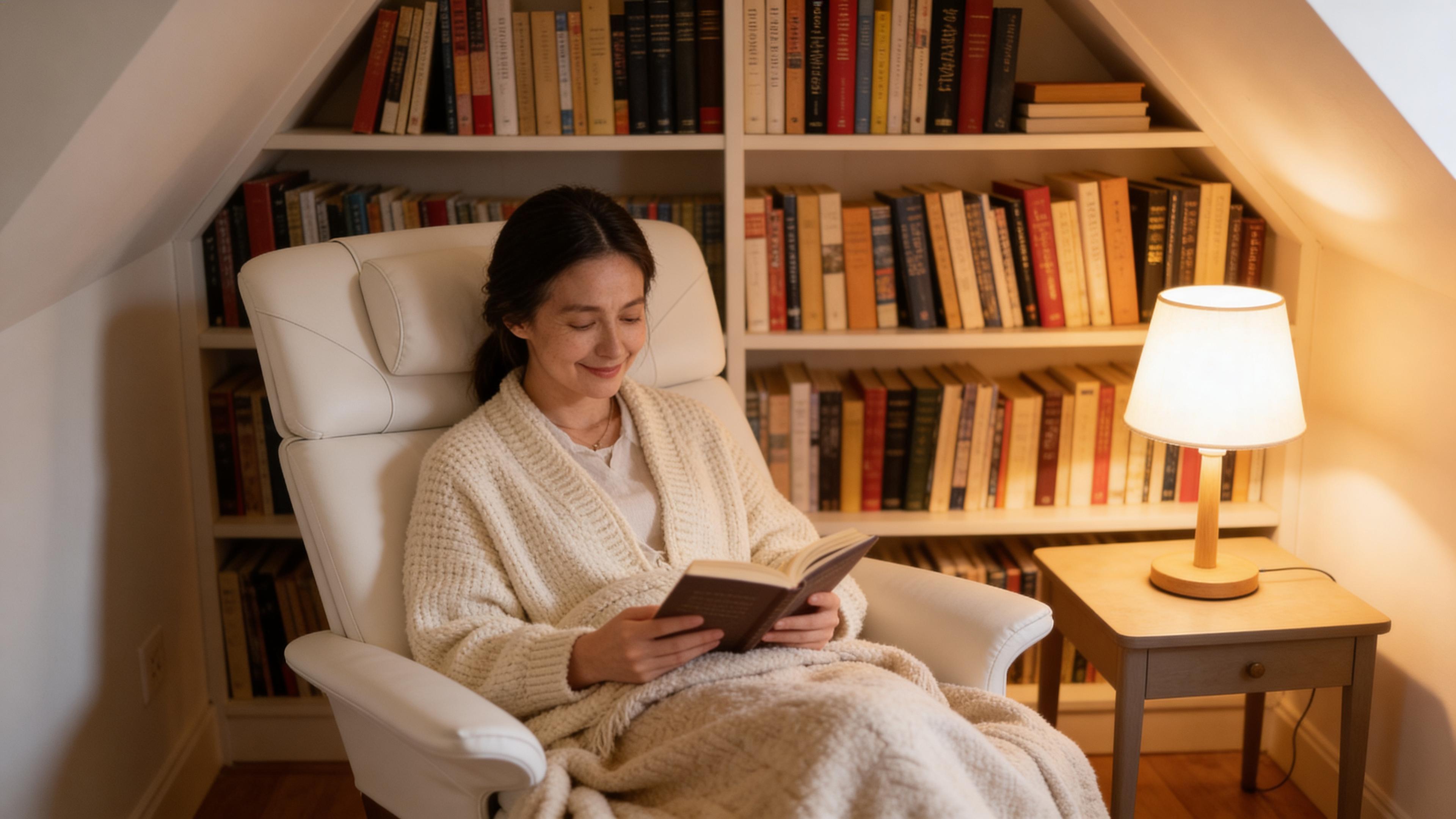 En kvinna sitter och läser en bok i en ergonomisk behandlingstol