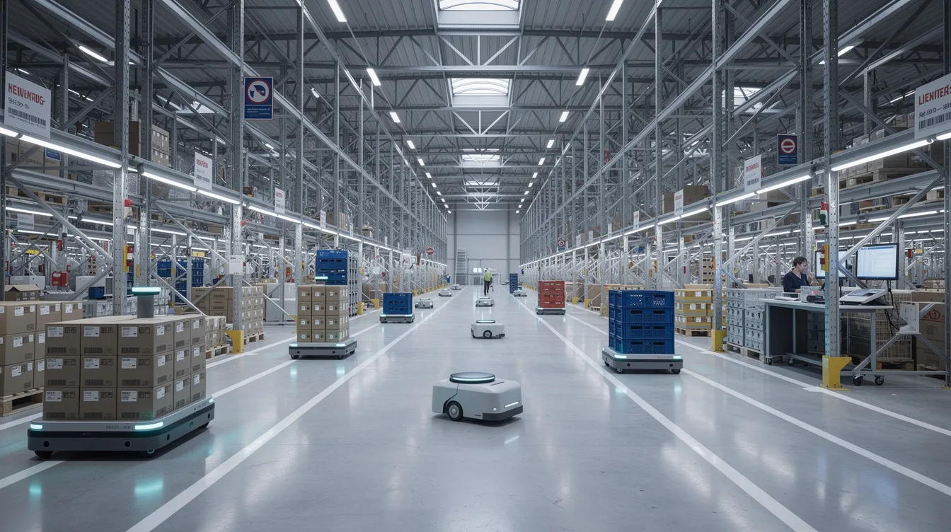 The image depicts a modern warehouse interior bustling with autonomous robots efficiently moving inventory as part of the ecommerce fulfillment process. This high-tech environment highlights advanced inventory management and fulfillment operations designed to enhance customer satisfaction and streamline order fulfillment for online retailers.