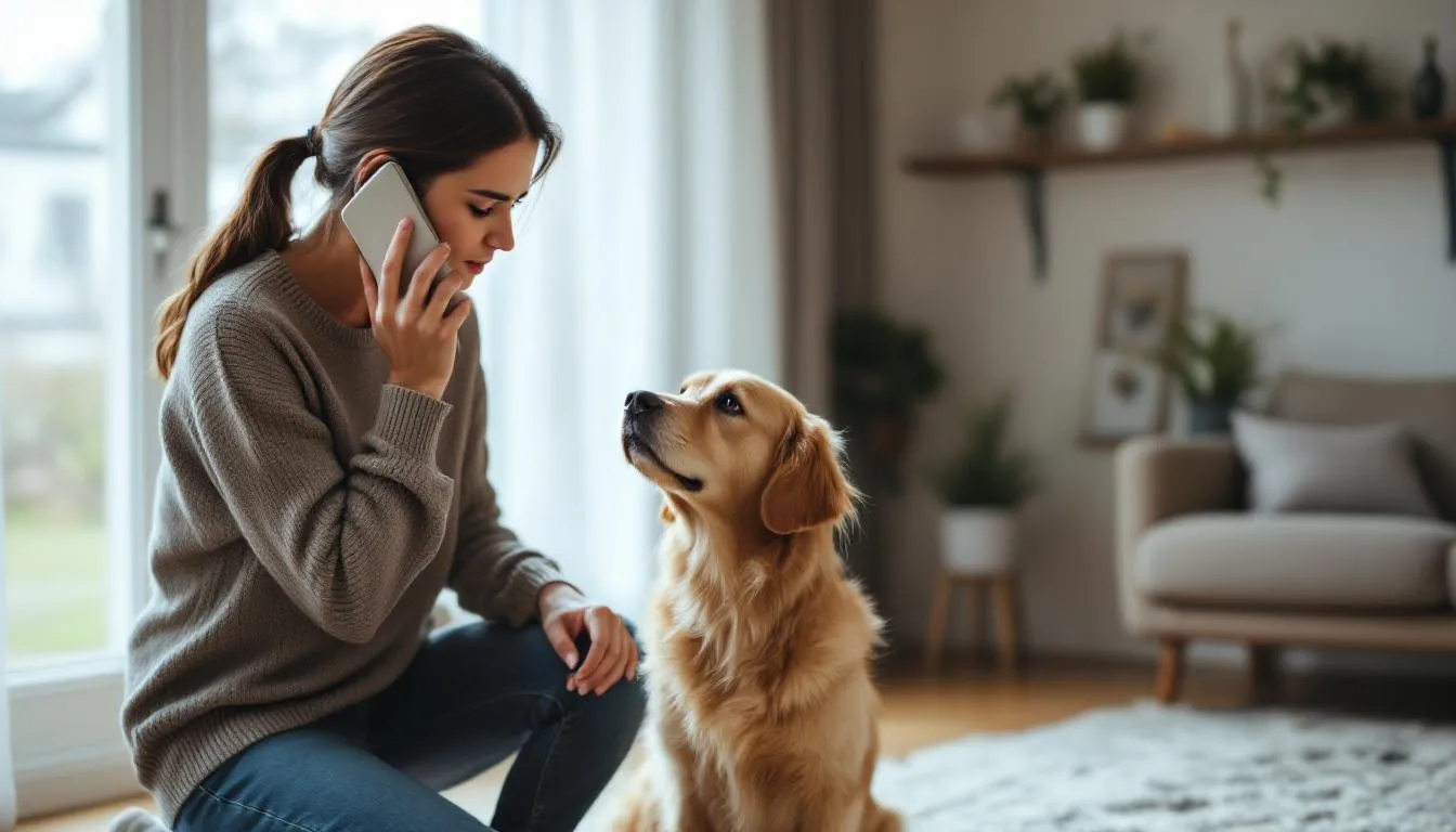 A concerned dog owner is on the phone, looking anxiously at their furry friend, possibly worried about whether dogs can safely eat turkey or the risks of ingesting turkey bones. The scene captures the owner