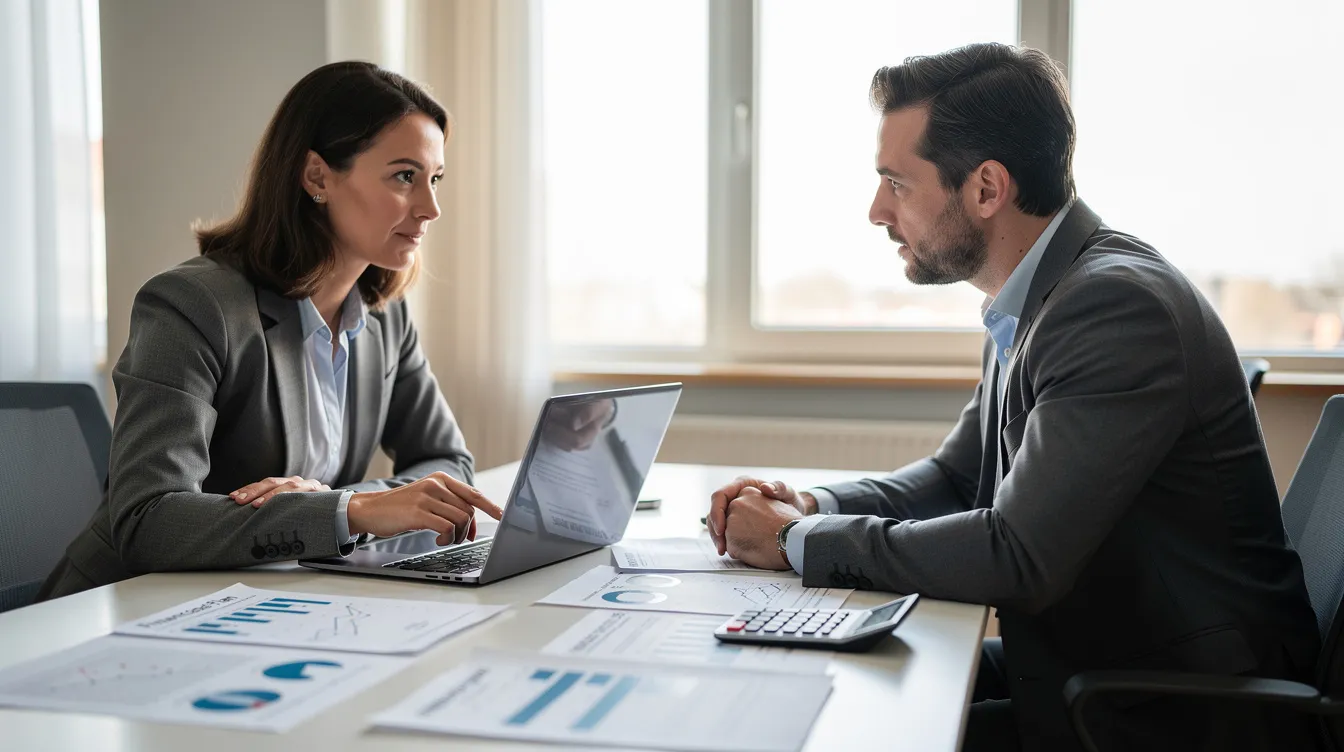 Een financieel adviseur zit aan een tafel in gesprek met een klant, omringd door documenten en een laptop. Dit eerste gesprek richt zich op de financiële situatie van de klant en de mogelijkheden voor financieel advies en planning, waarbij aandacht is voor de complexiteit van hun persoonlijke situatie.