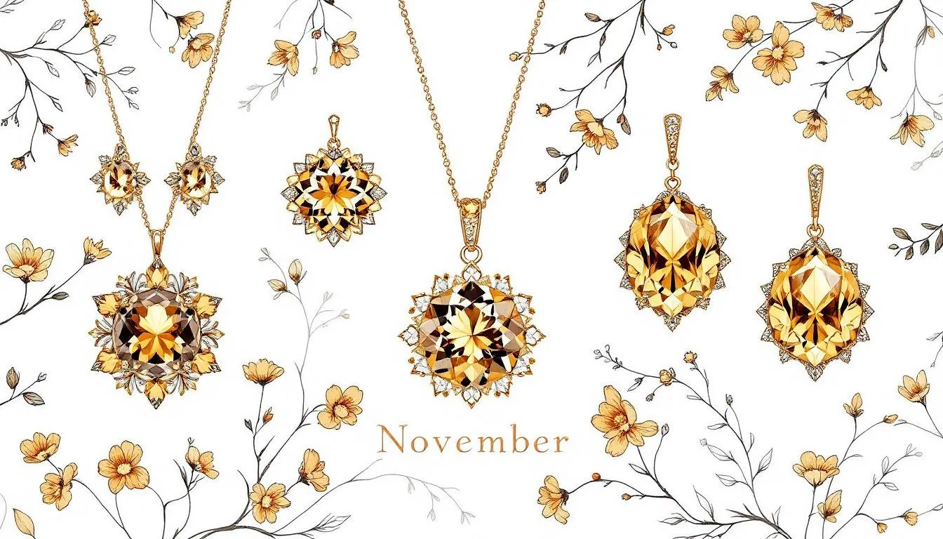 A selection of stunning November birthstone jewelry, featuring necklaces and earrings.