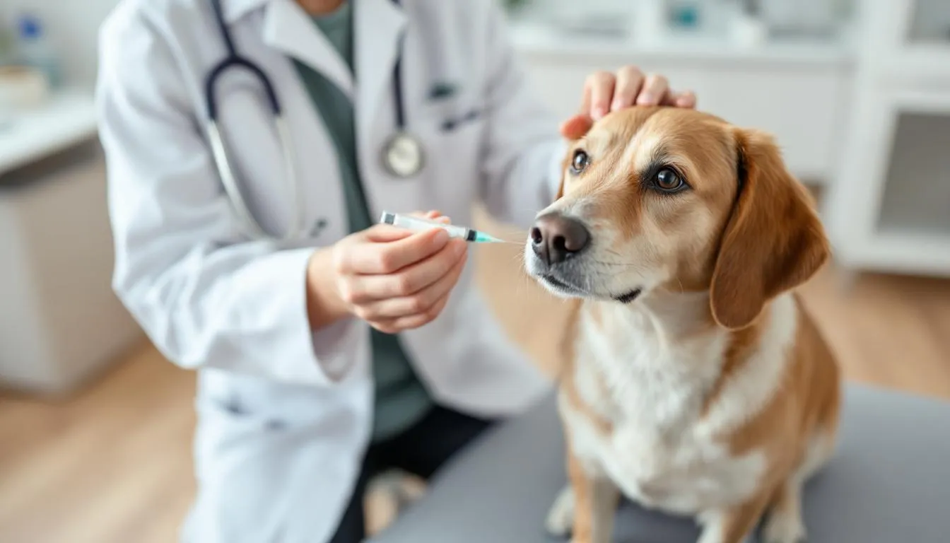 A veterinarian is gently administering an intranasal vaccine to a calm dog, aimed at preventing kennel cough and other canine infectious respiratory diseases. The setting suggests a routine check-up, highlighting the importance of vaccinations for dogs, especially those that frequent dog parks or daycare facilities.