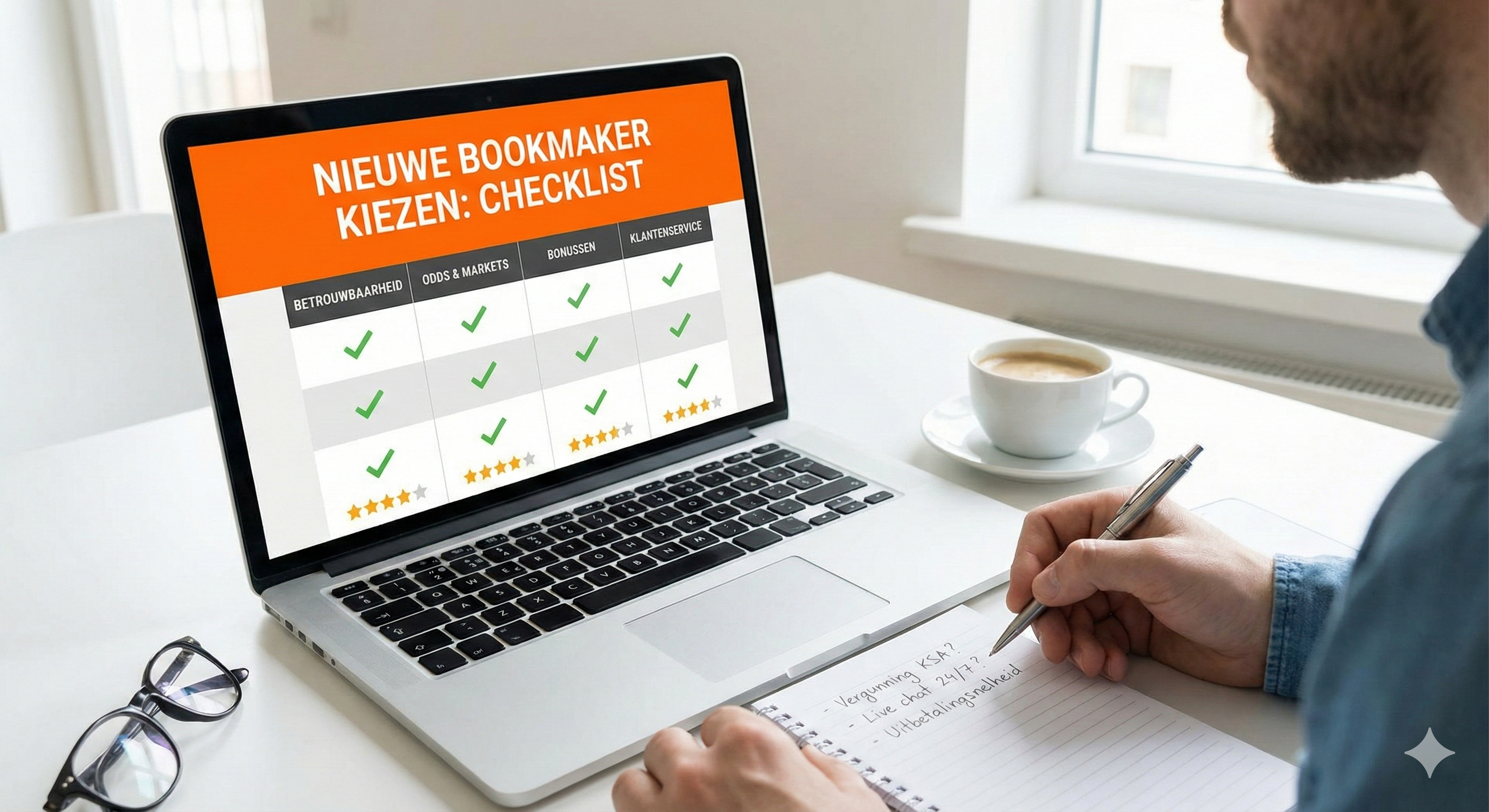 Persoon vergelijkt nieuwe bookmakers aan de hand van een checklist op laptop, met criteria zoals betrouwbaarheid, odds, bonussen en klantenservice.