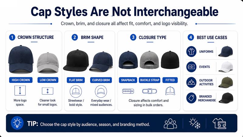how to use this cap name list infographic showing three steps to choose cap styles by crown brim closure use case and logo method