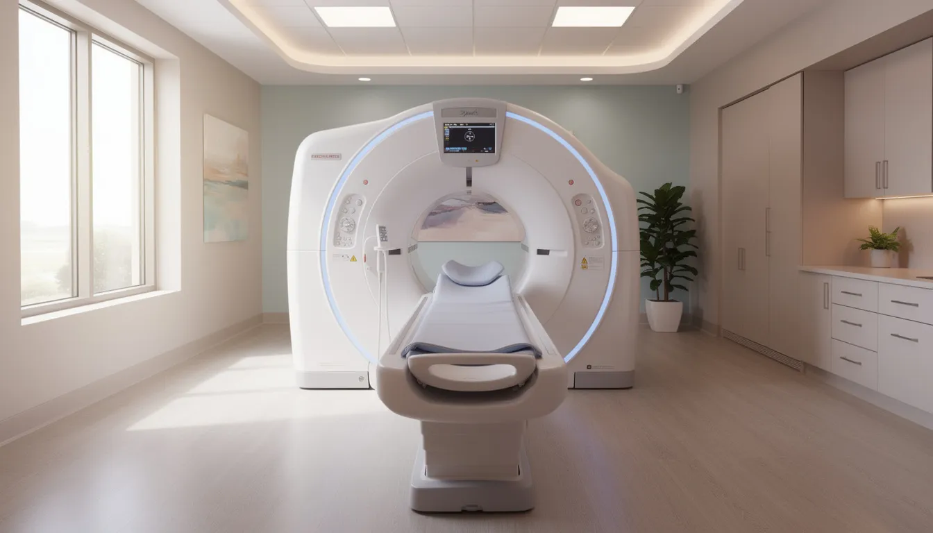En modern MR-kamera står i ett ljust och välkomnande undersökningsrum, vilket ger en känsla av trygghet inför en magnetröntgenundersökning. Rummet är utrustat för att hjälpa läkare att upptäcka svåra att upptäcka skador och sjukdomar i kroppen, inklusive senor och leder.