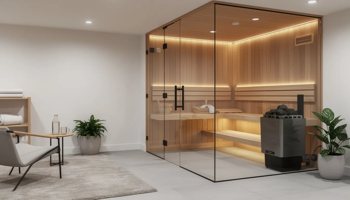 The image depicts a modern basement sauna room featuring warm cedar walls and soft ambient lighting, creating a cozy atmosphere in a finished basement wellness space. This personal sauna installation emphasizes proper ventilation and moisture control, ensuring a comfortable sauna experience.