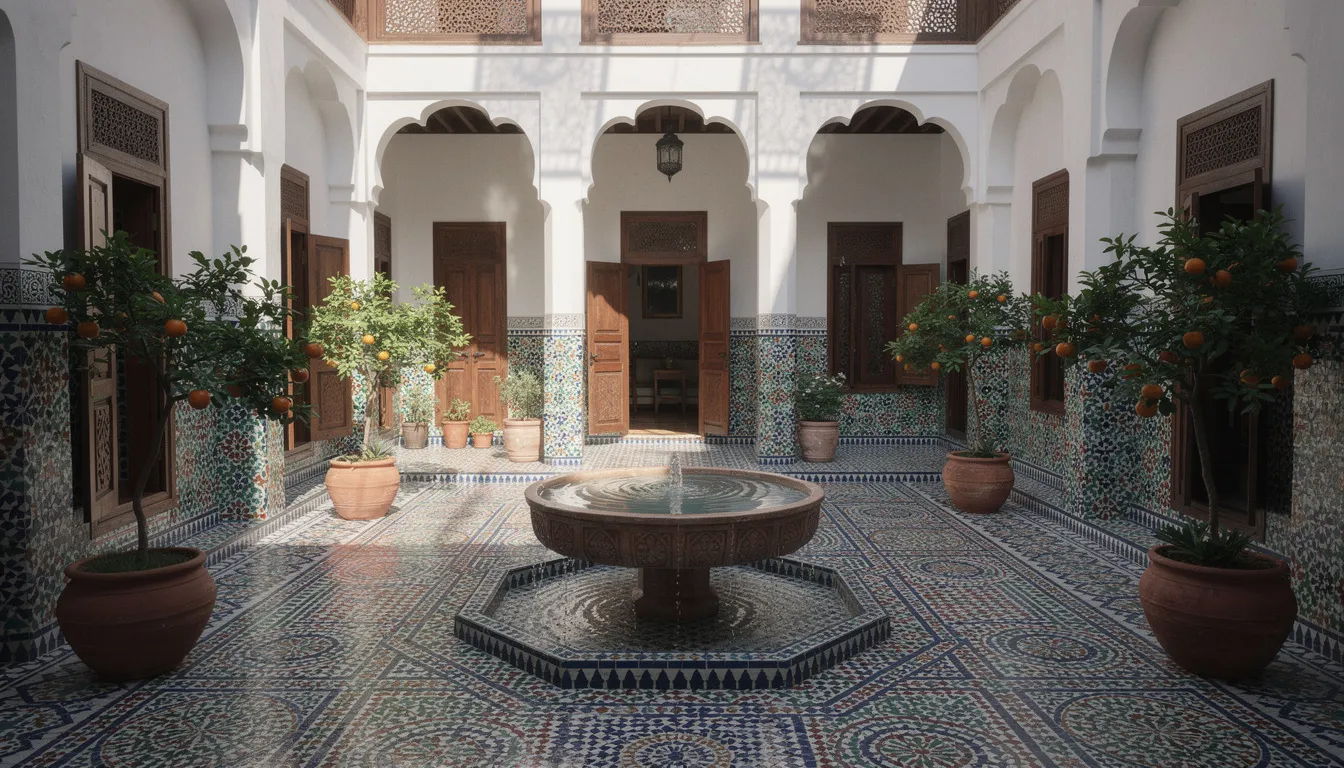 The image depicts a traditional Moroccan riad courtyard adorned with vibrant, intricate tiles surrounding a serene central fountain, creating a tranquil atmosphere. This setting reflects the rich cultural heritage of Morocco, where exceptional service and hospitality are customary, making it a perfect backdrop for enjoying a leisurely moment.