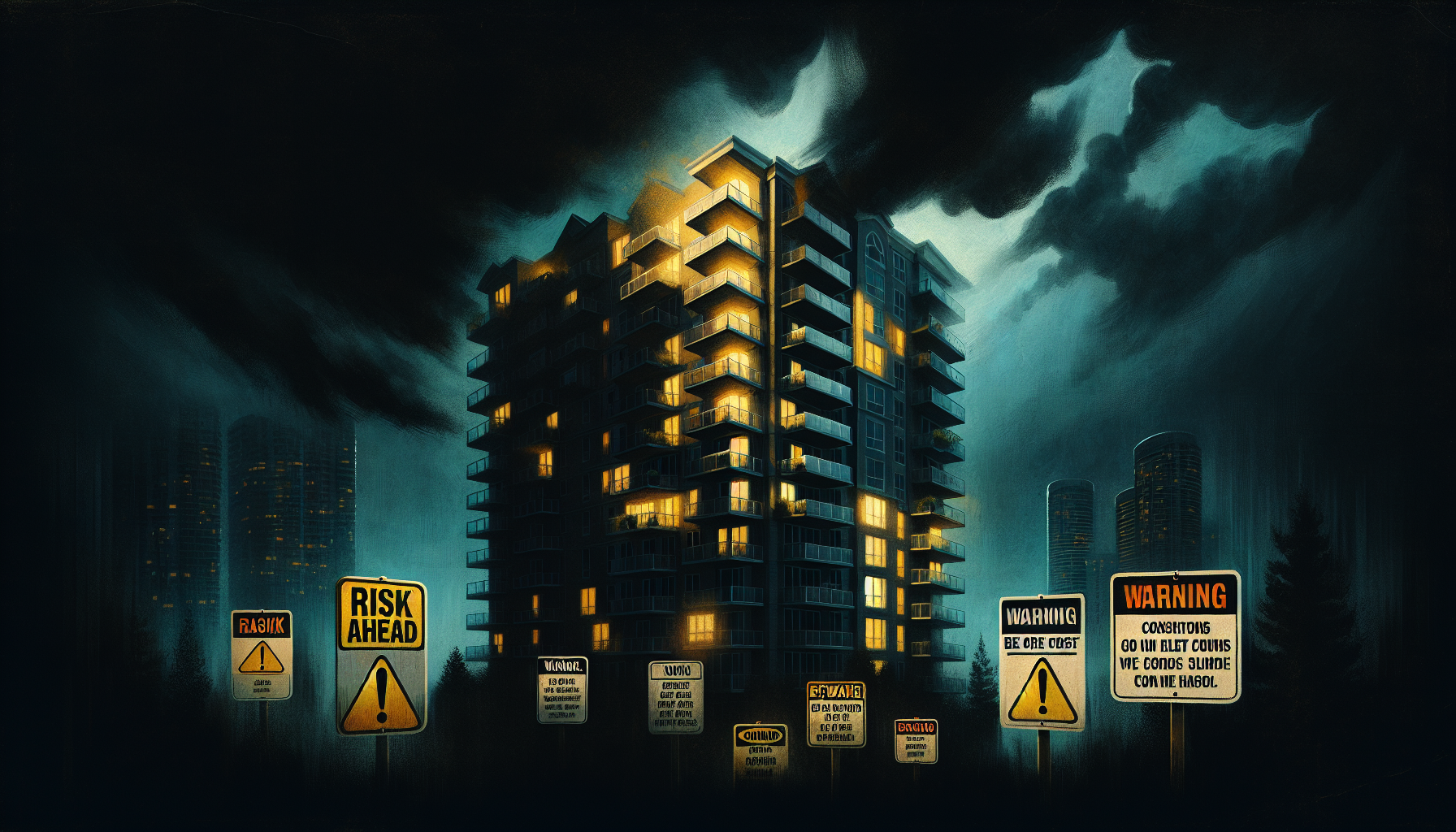 An illustration depicting the challenges and risks of owning a condo hotel unit, with various warning signs.