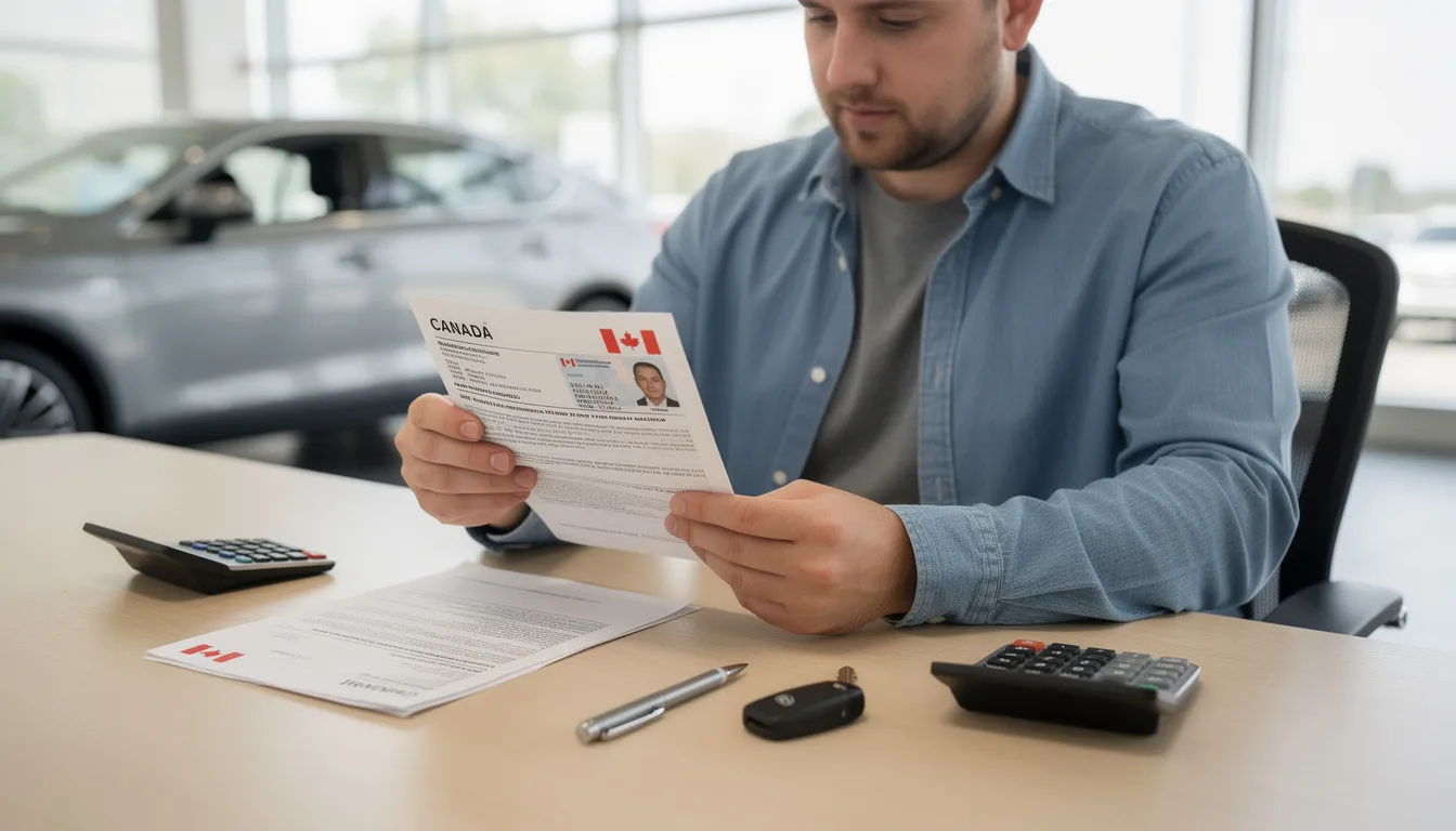 A Canadian car buyer is carefully examining vehicle documents, including the vehicle identification number and vehicle history reports, to ensure the used vehicle meets safety standards and is free from past accidents. This thorough research is essential for making an informed purchase and understanding the necessary inspections and fees involved in buying a car out of province.